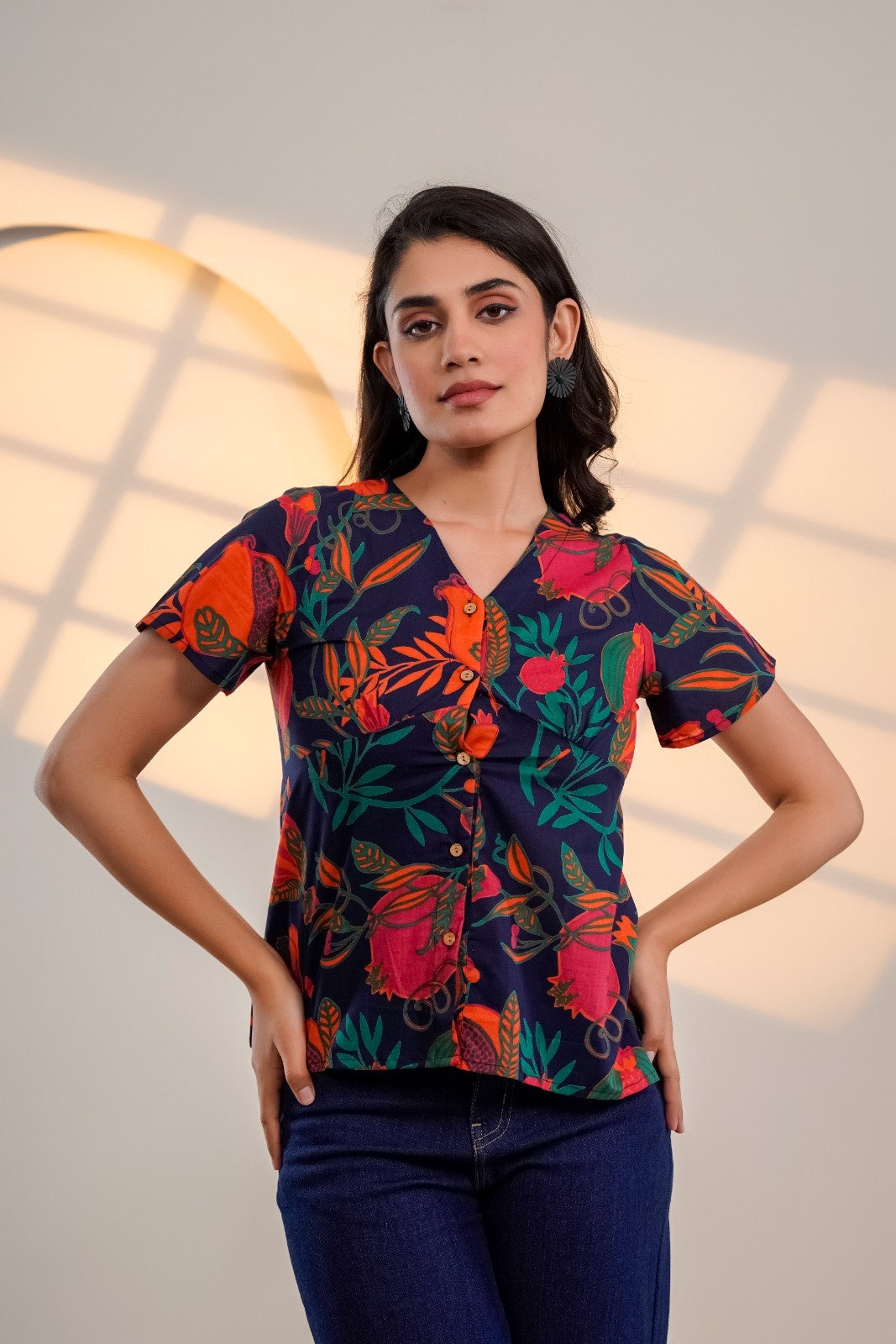 Midnight Bloom – Pure Cotton Floral Printed Top for Women
