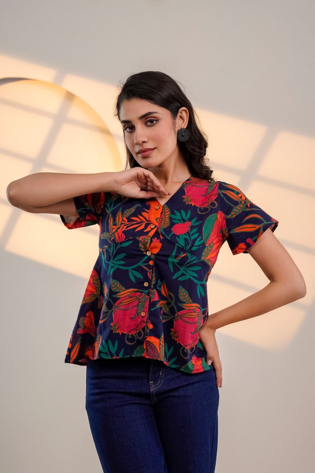 Midnight Bloom – Pure Cotton Floral Printed Top for Women