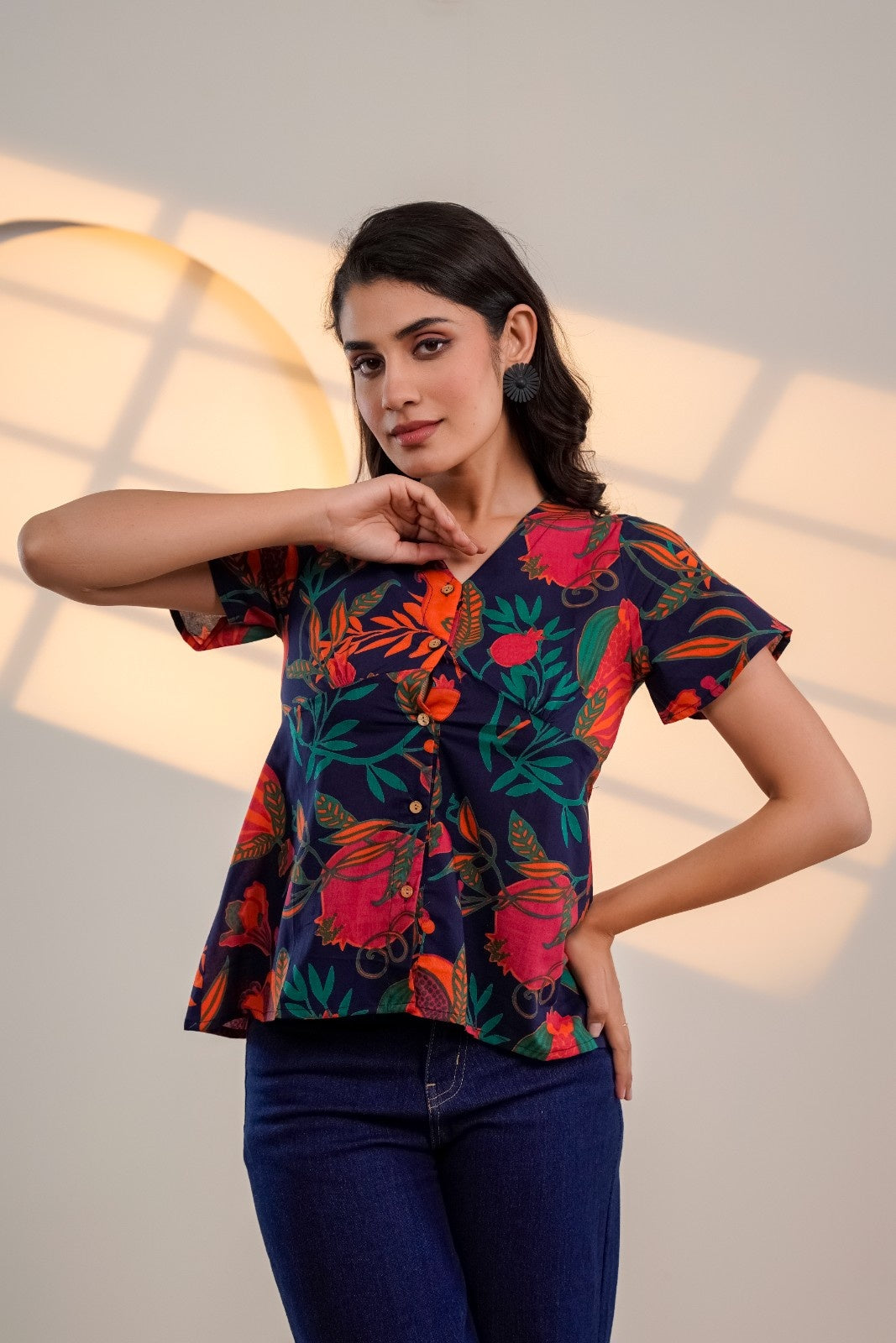 Midnight Bloom – Pure Cotton Floral Printed Top for Women