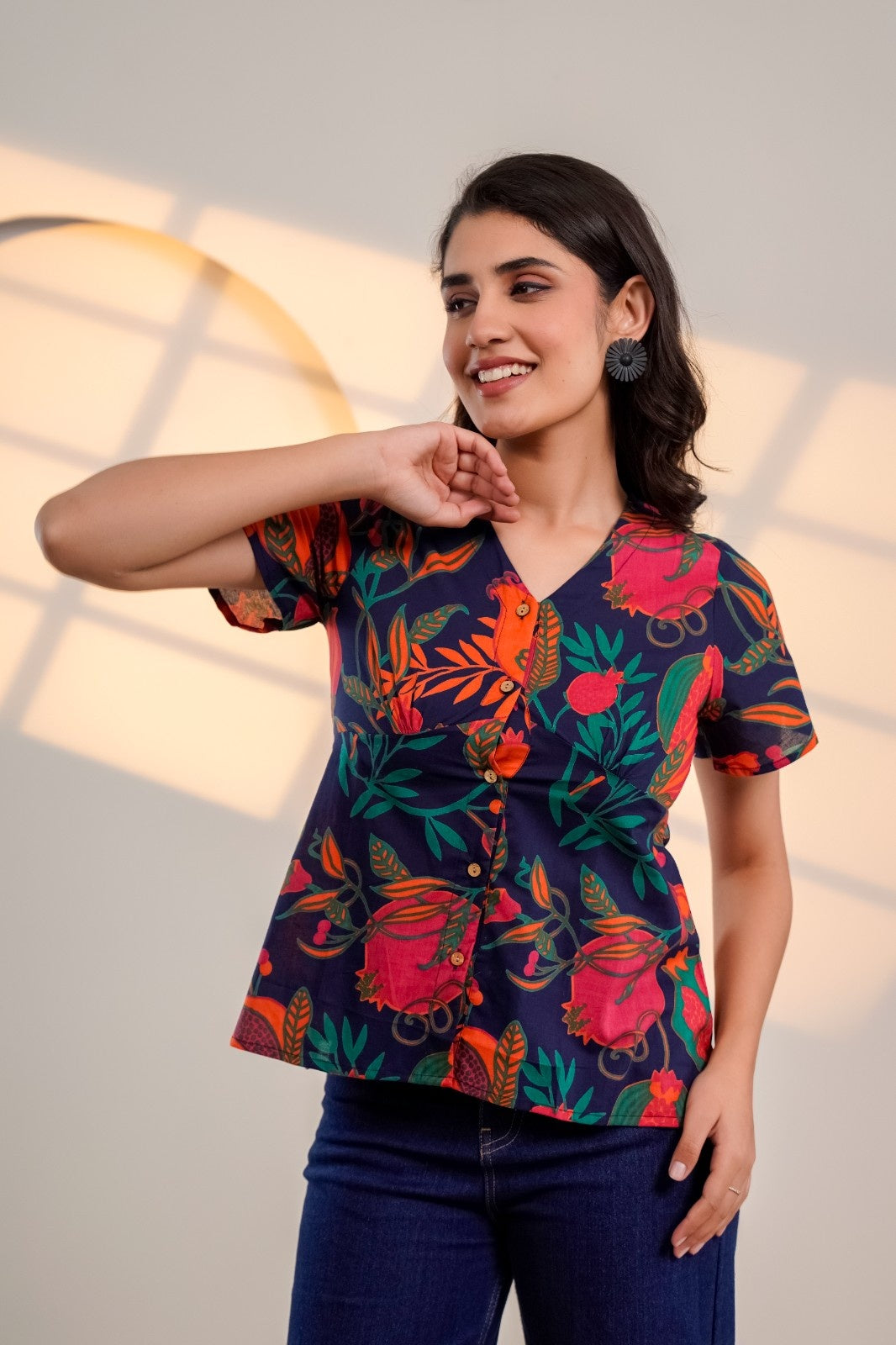 Midnight Bloom – Pure Cotton Floral Printed Top for Women