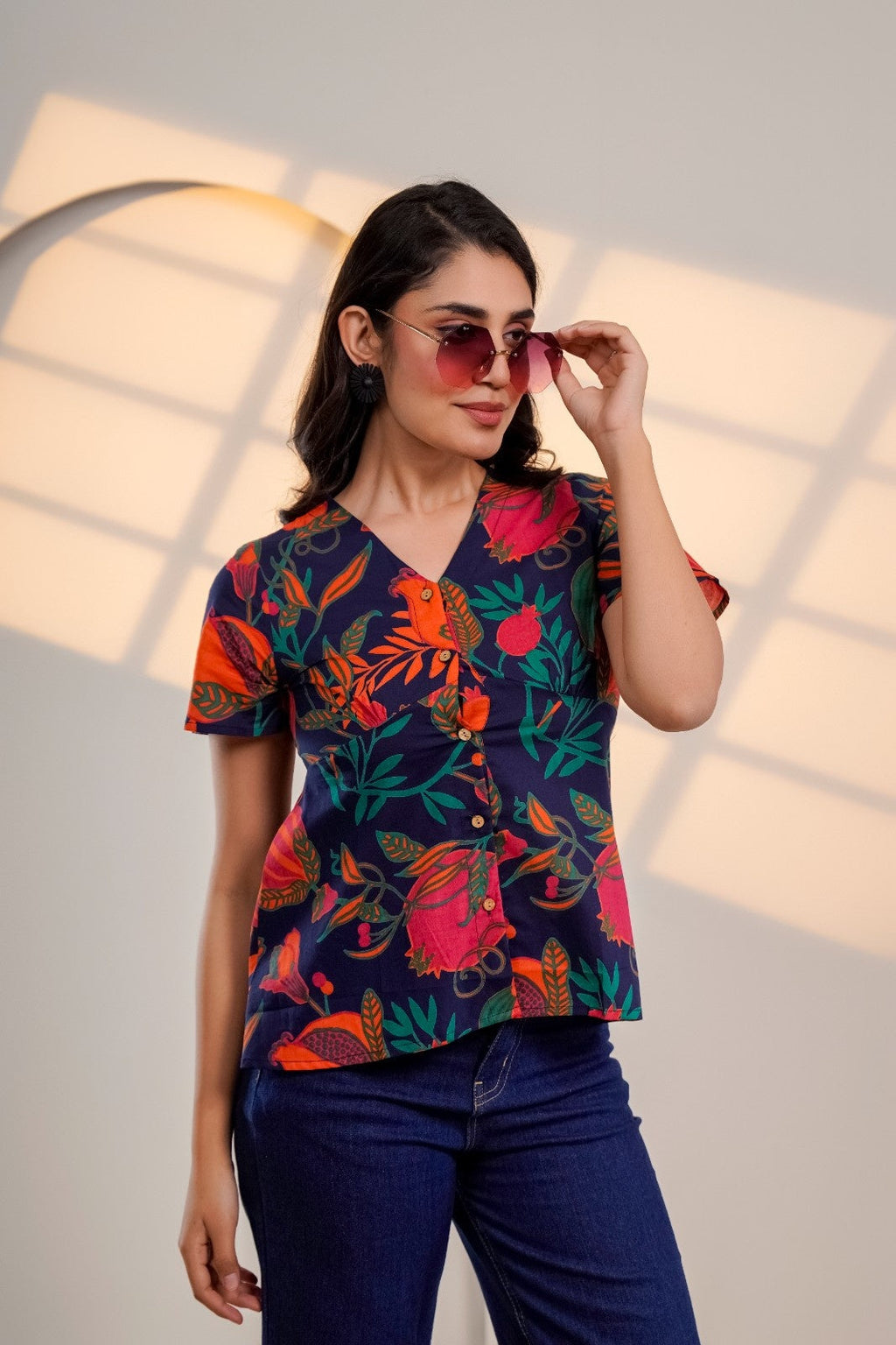 Midnight Bloom – Pure Cotton Floral Printed Top for Women