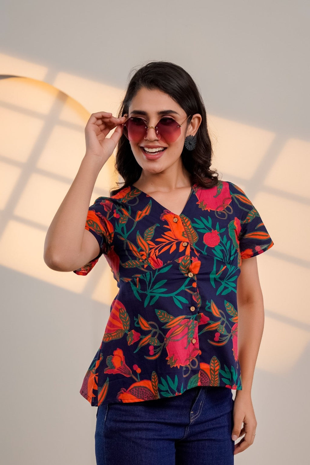Midnight Bloom – Pure Cotton Floral Printed Top for Women