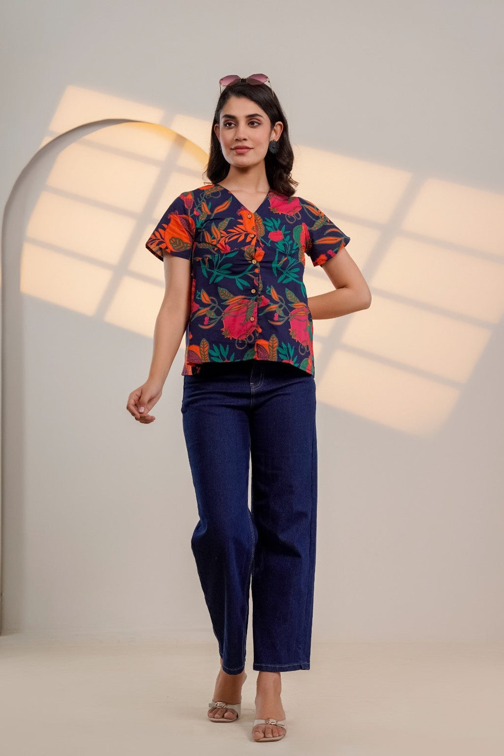 Midnight Bloom – Pure Cotton Floral Printed Top for Women