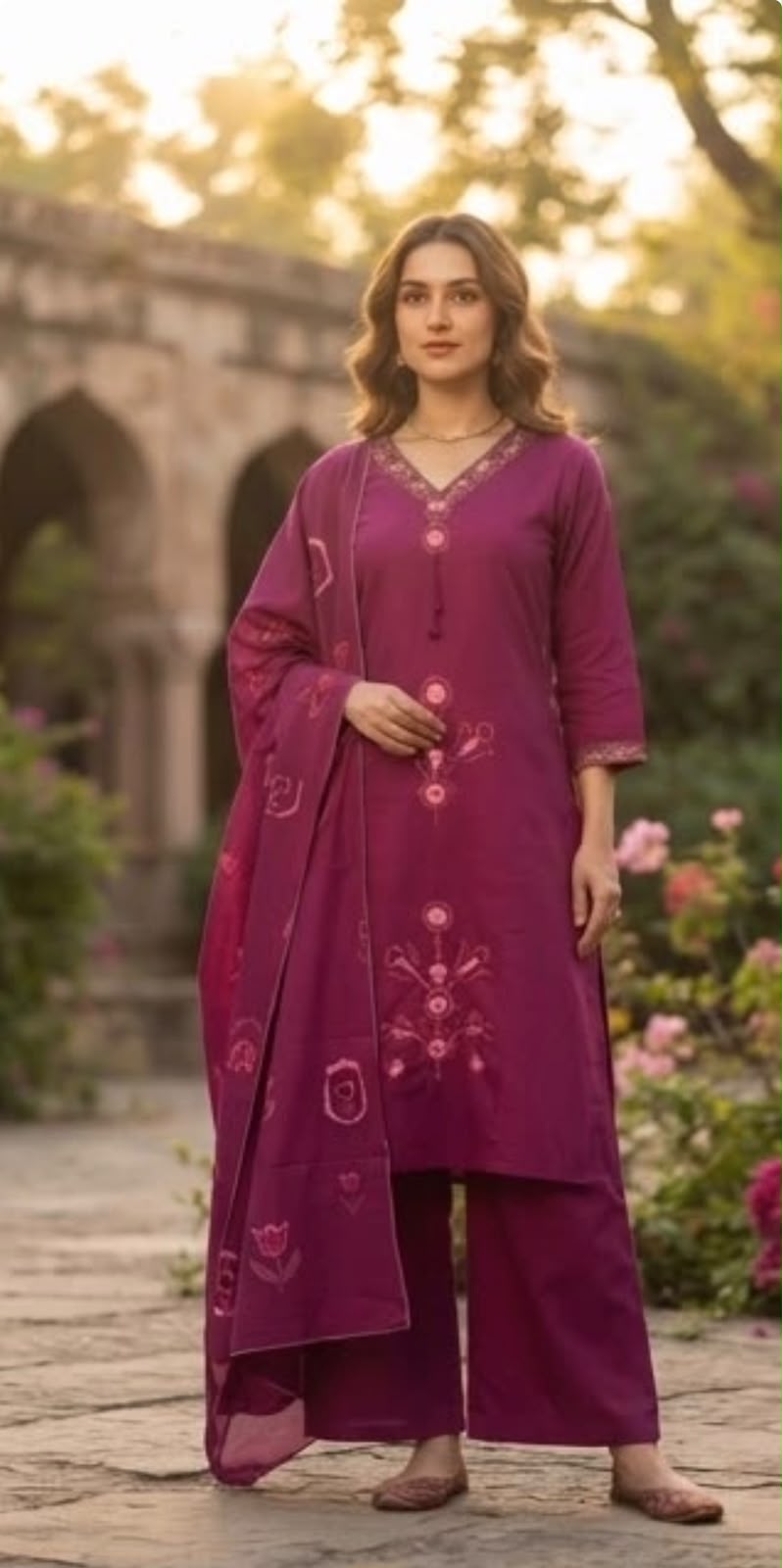 Side view of magenta embroidered kurta set with matching dupatta