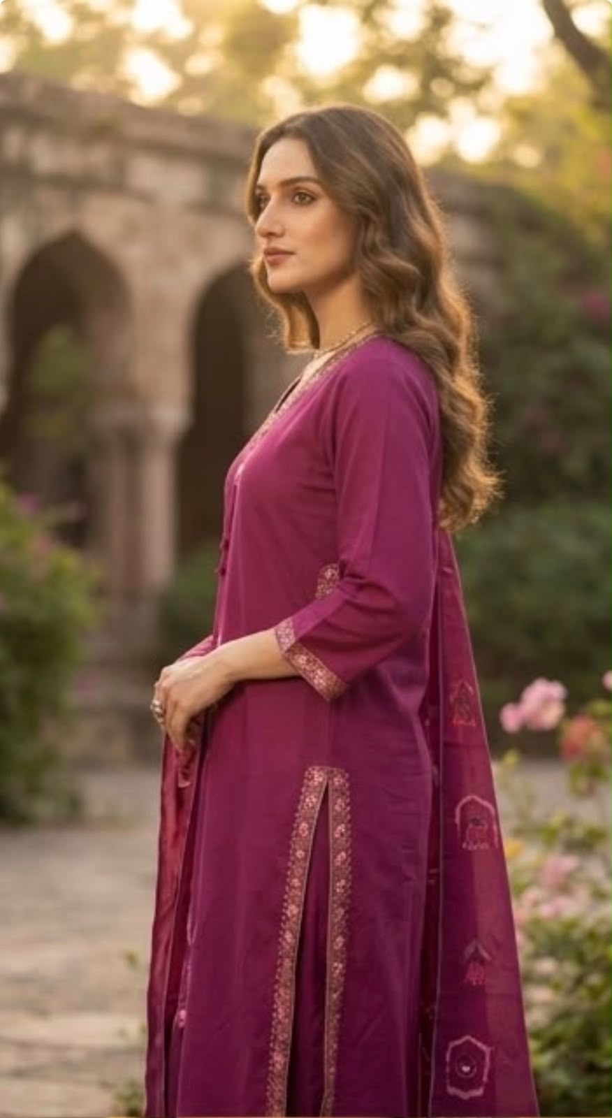 Close-up of tonal floral embroidery on magenta kurta neckline