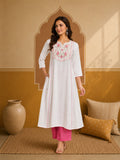 Off white embroidered rayon kurta with pink palazzo pants