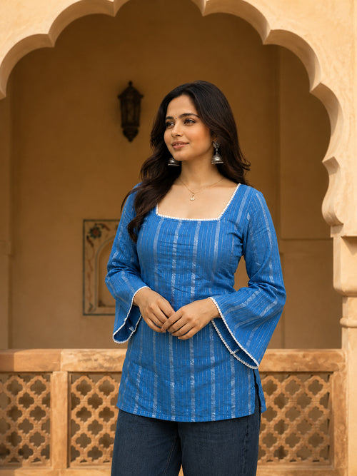 Blue lurex striped rayon top with bell sleeves front view