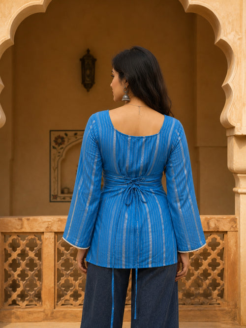 Blue lurex striped rayon top styled with denim