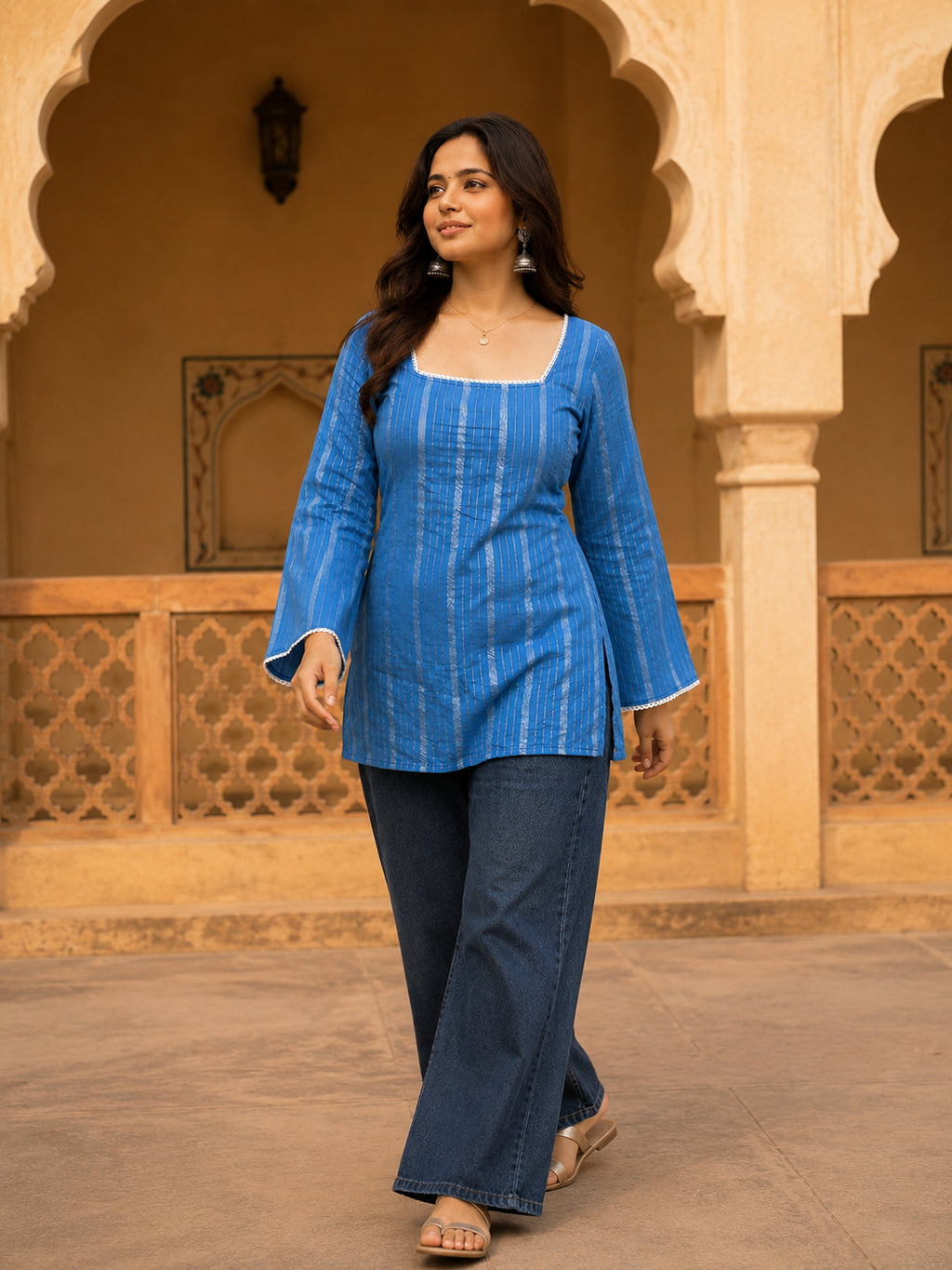 Blue lurex striped rayon top square neckline detail