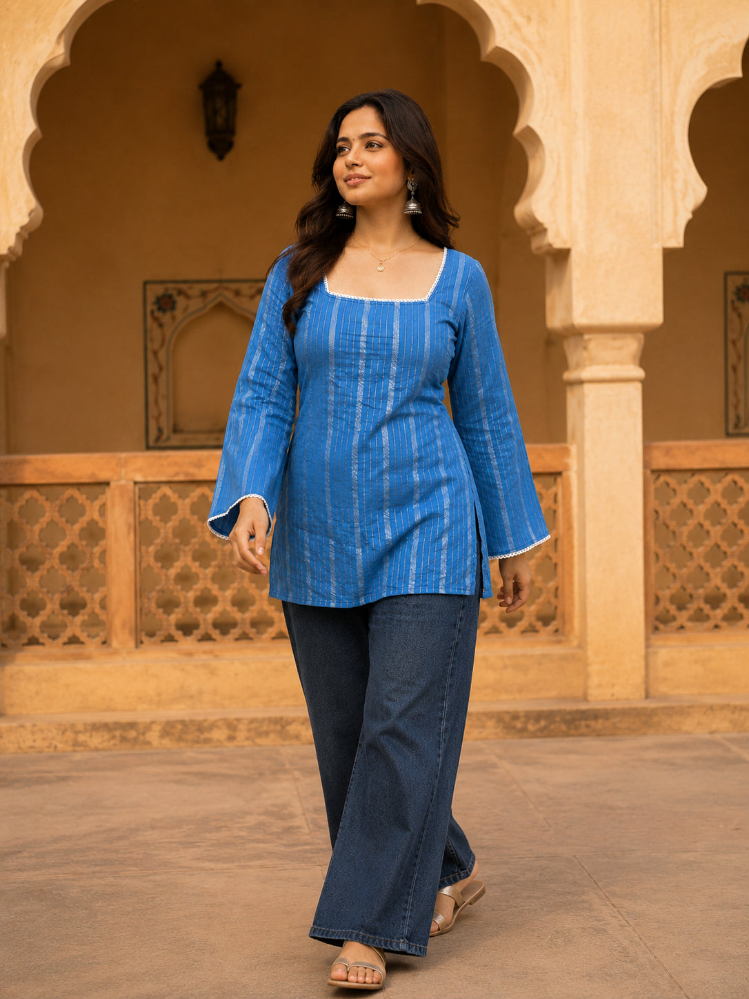 Blue lurex striped rayon top square neckline detail