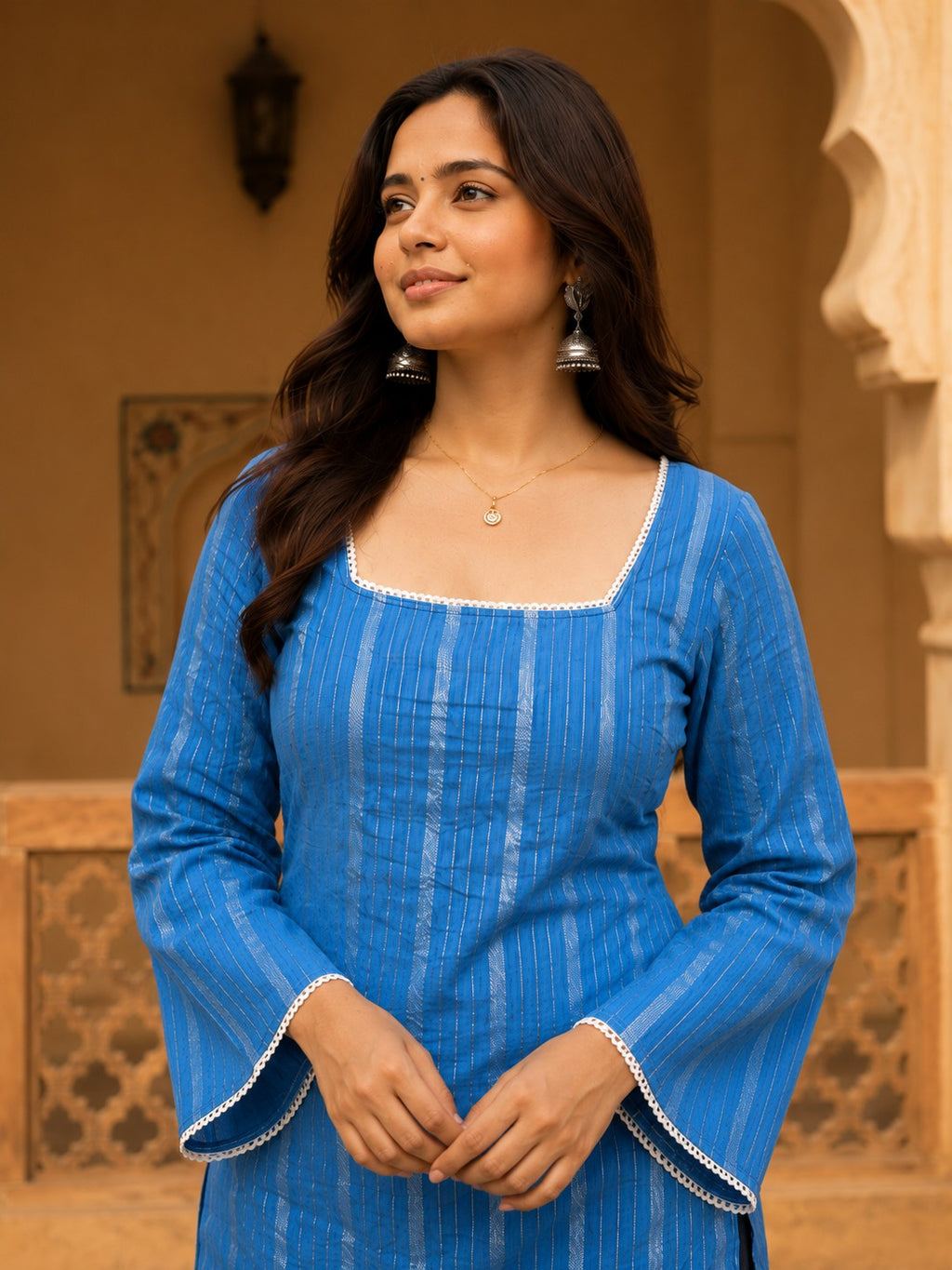 Blue lurex striped rayon top back tie-up detail