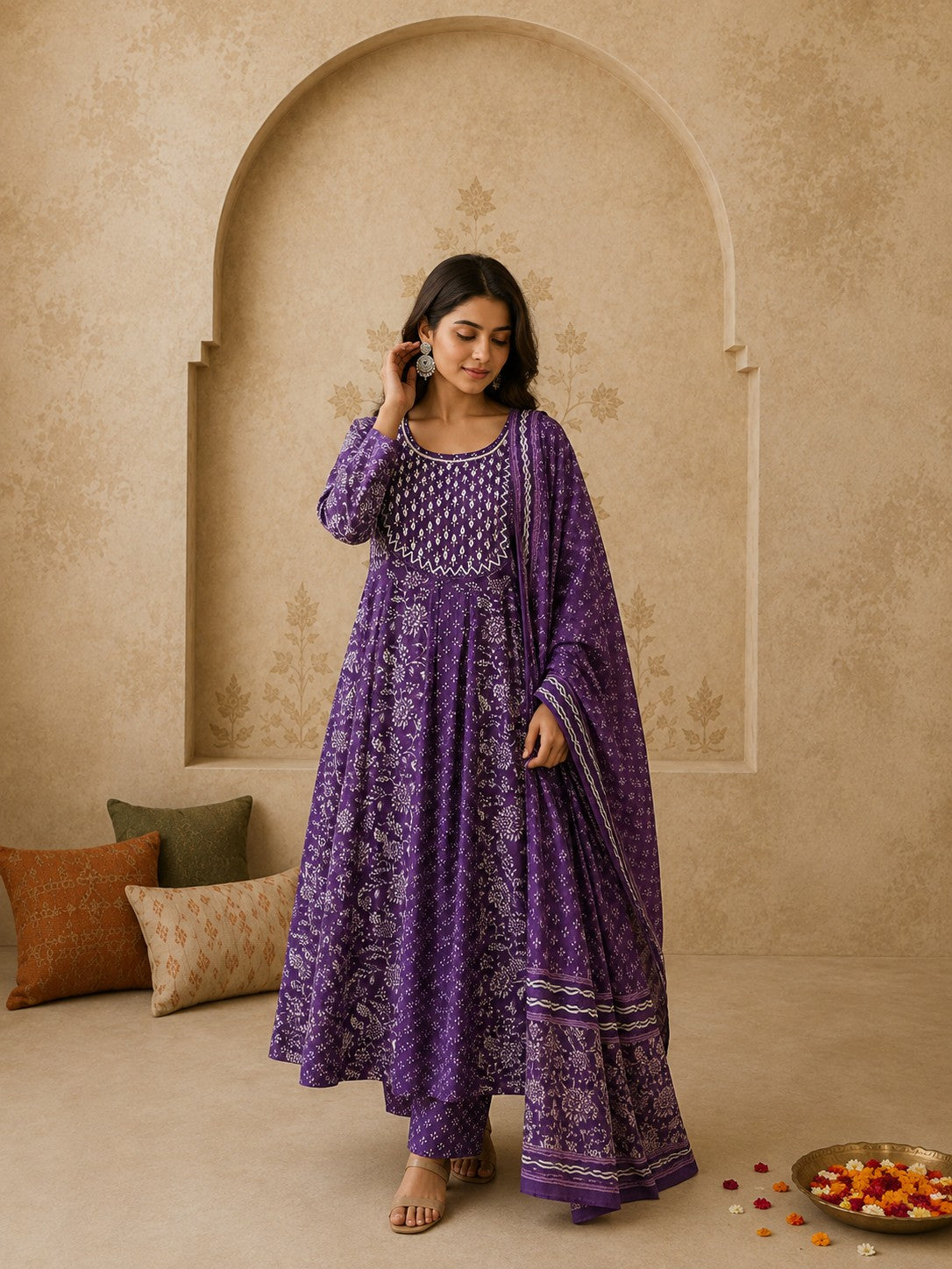 Purple cotton Anarkali set back view with printed dupatta