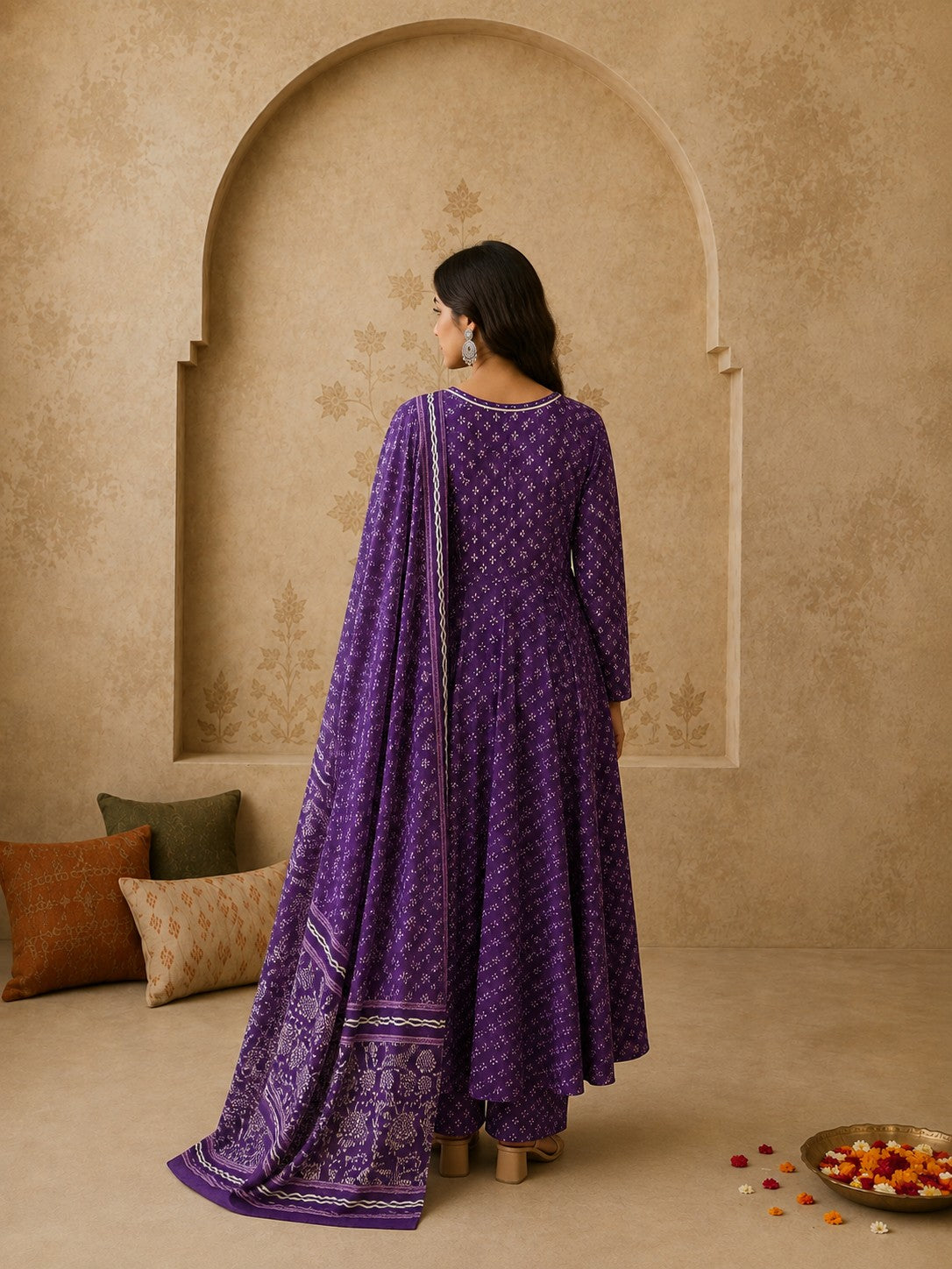 Purple cotton Anarkali set side view showing flare