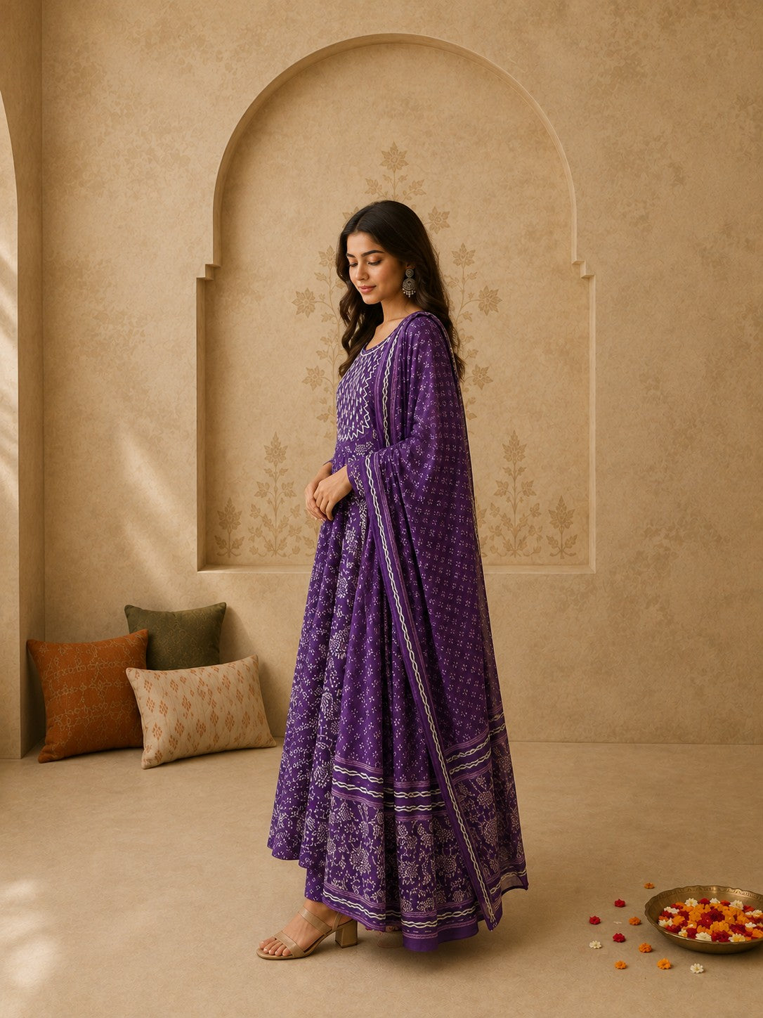 Purple bandhani cotton Anarkali set with dupatta front view