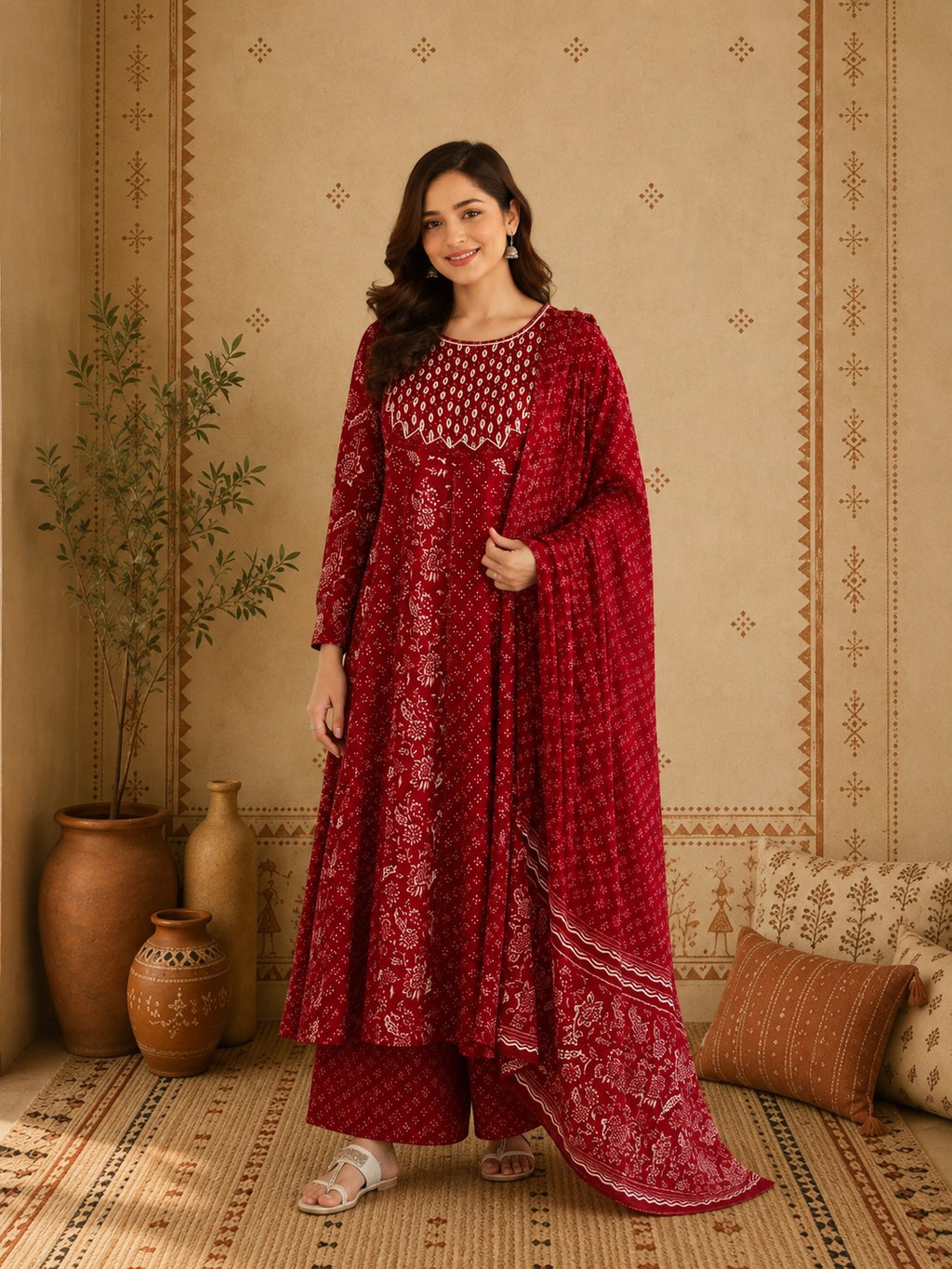 Maroon bandhani cotton Anarkali set with dupatta front view