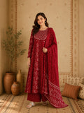 Maroon bandhani cotton Anarkali set with dupatta front view