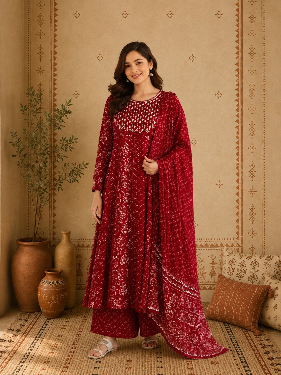 Maroon bandhani cotton Anarkali set with dupatta front view