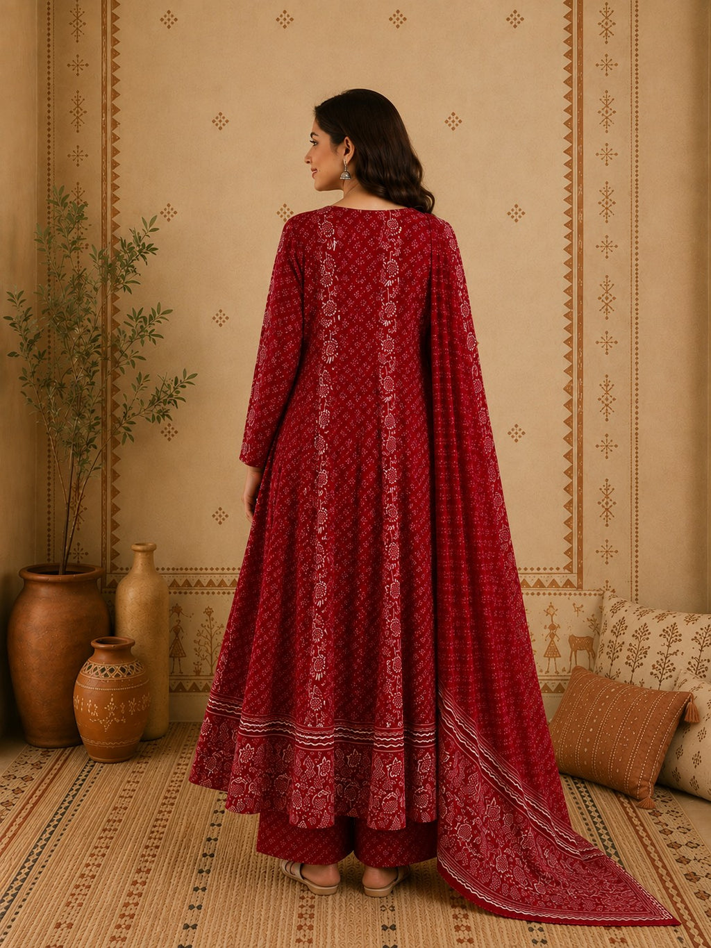 Maroon cotton Anarkali set back view with printed dupatta