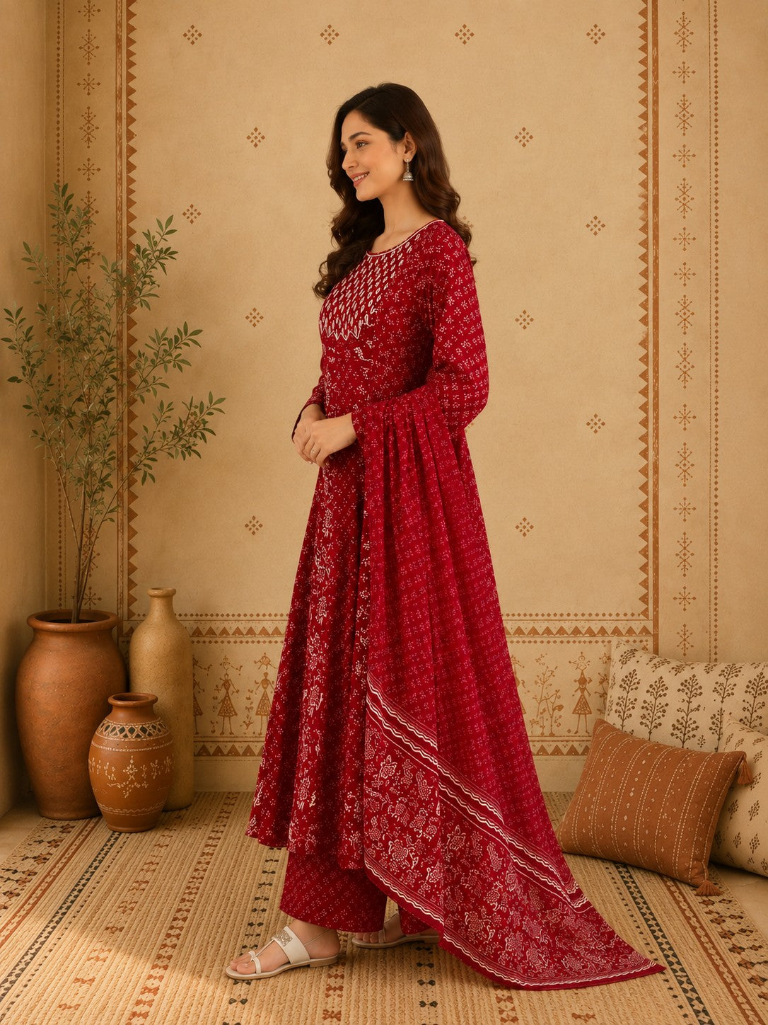 Maroon cotton Anarkali set seated festive look