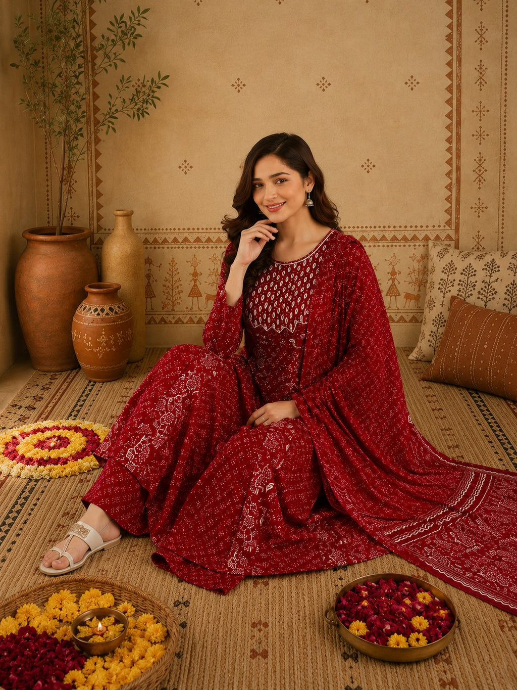 Maroon cotton Anarkali set side view showing flare