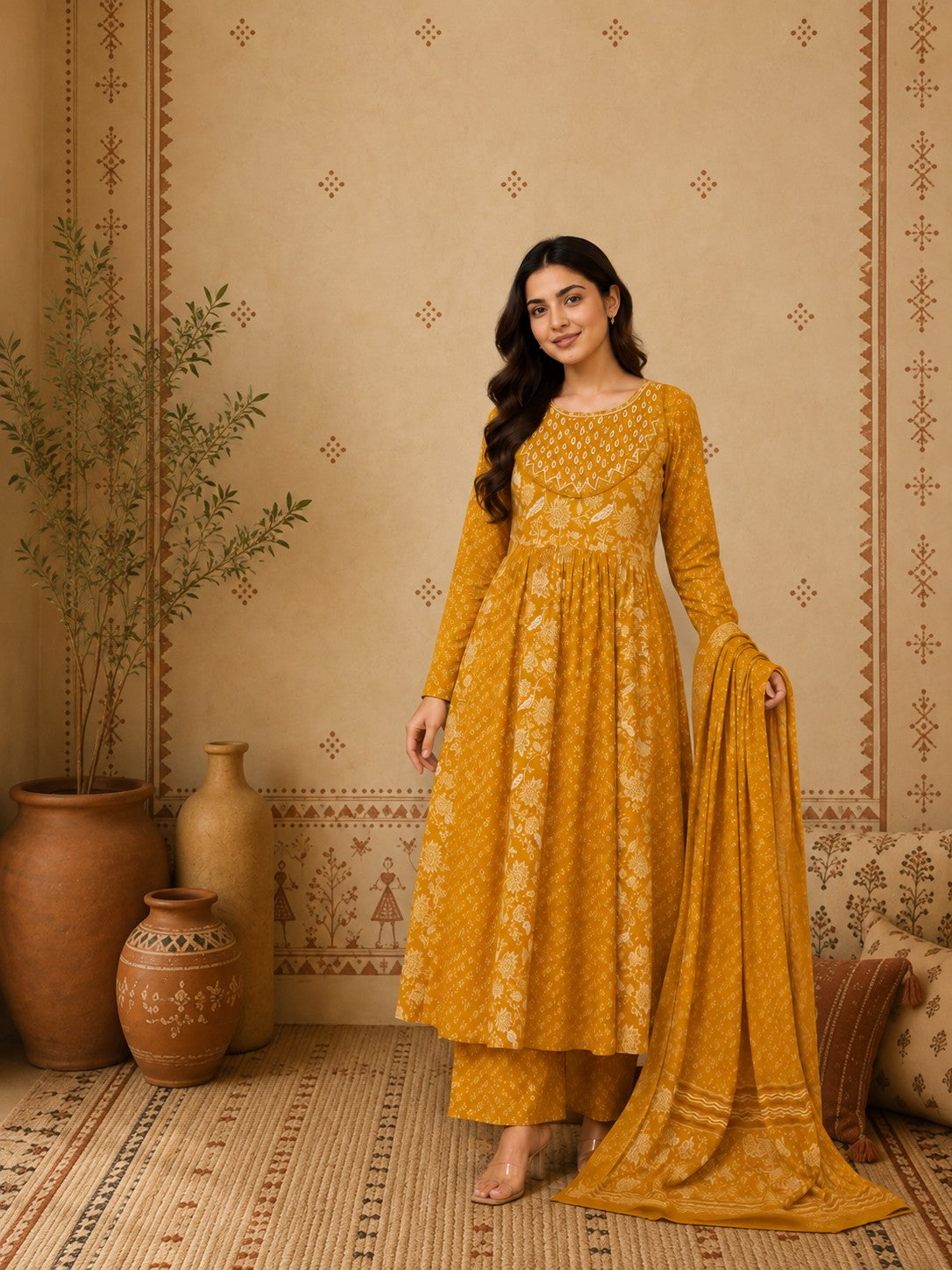 Mustard cotton Anarkali set back view with printed dupatta