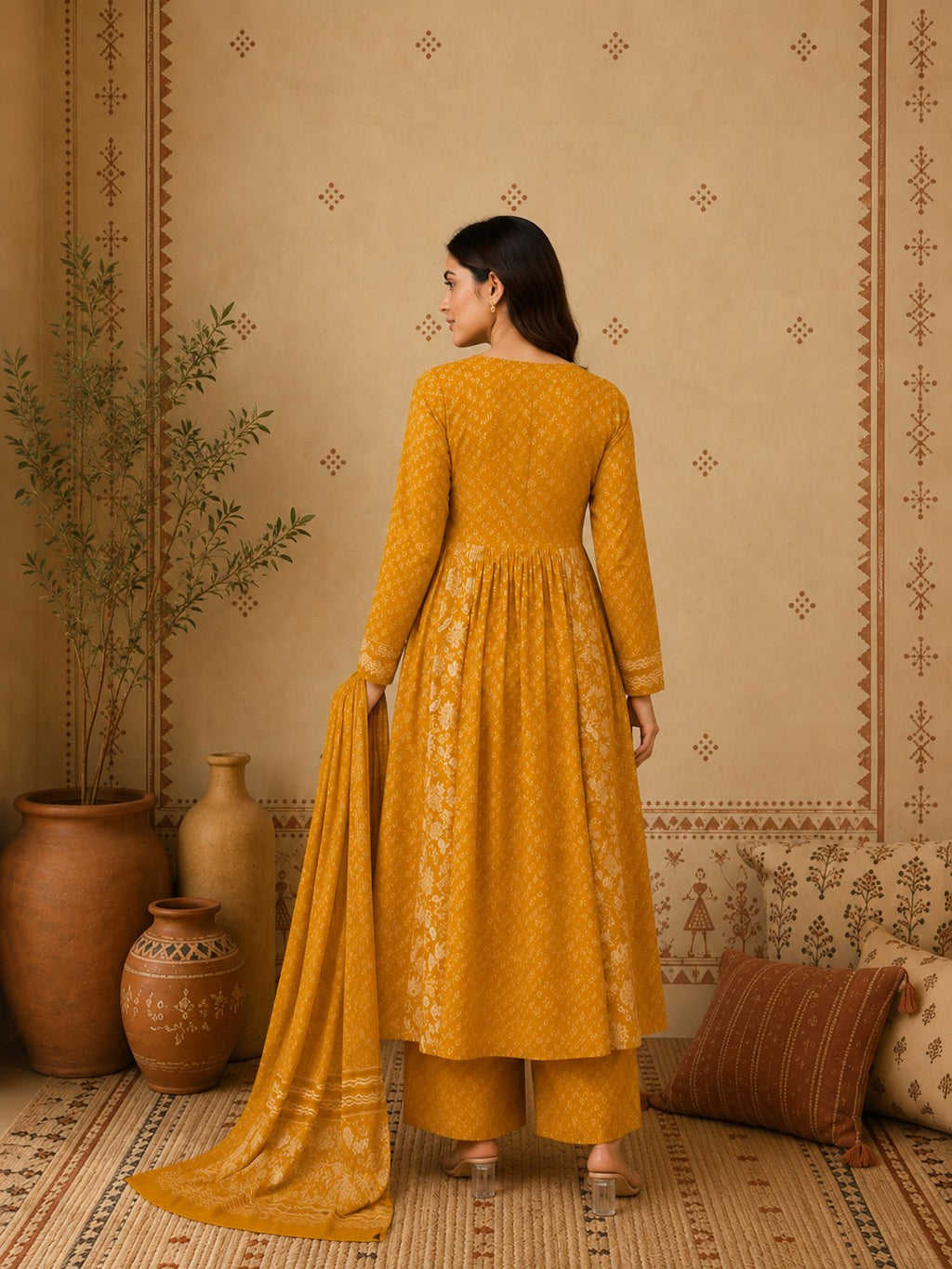 Mustard floral cotton Anarkali set with dupatta front view