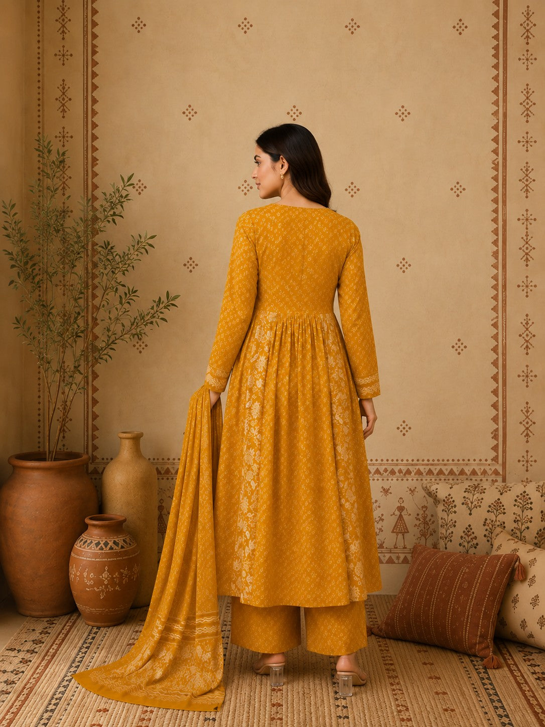Mustard floral cotton Anarkali set with dupatta front view