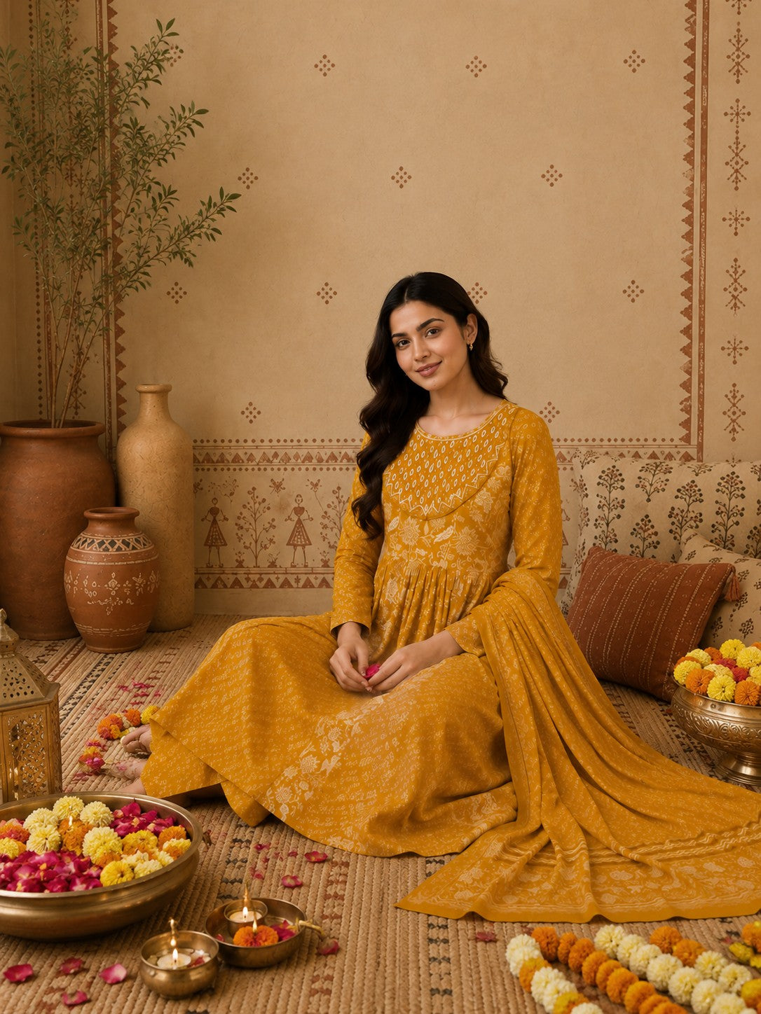 Mustard cotton Anarkali set seated festive look