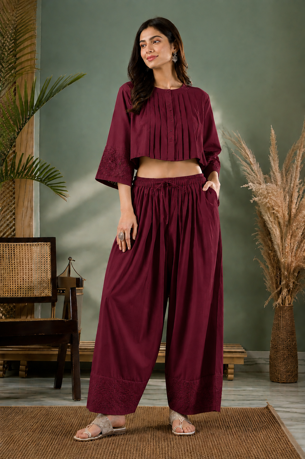 Maroon farshi salwar side view showing wide flare and pocket