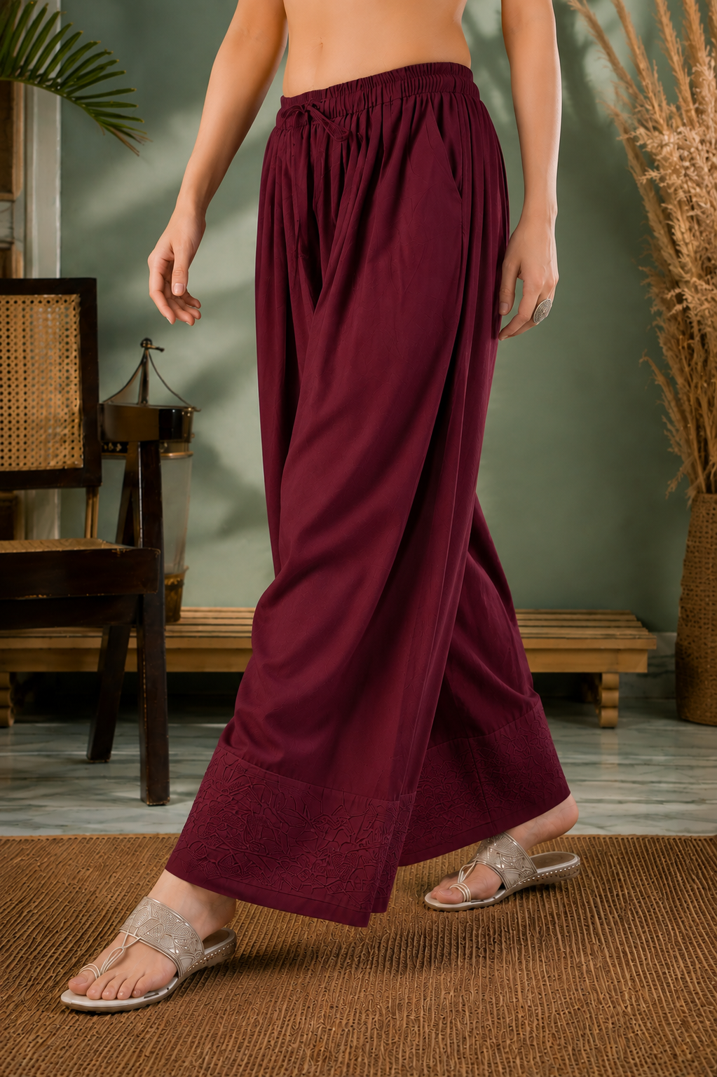 Maroon farshi salwar full length front view with crop top