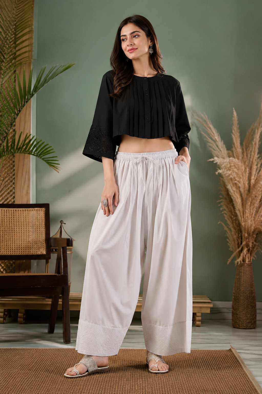 Off white farshi salwar close up front view with pockets