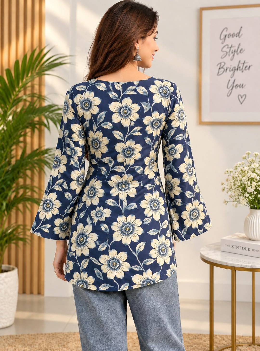 Back detail of navy blue floral women’s top