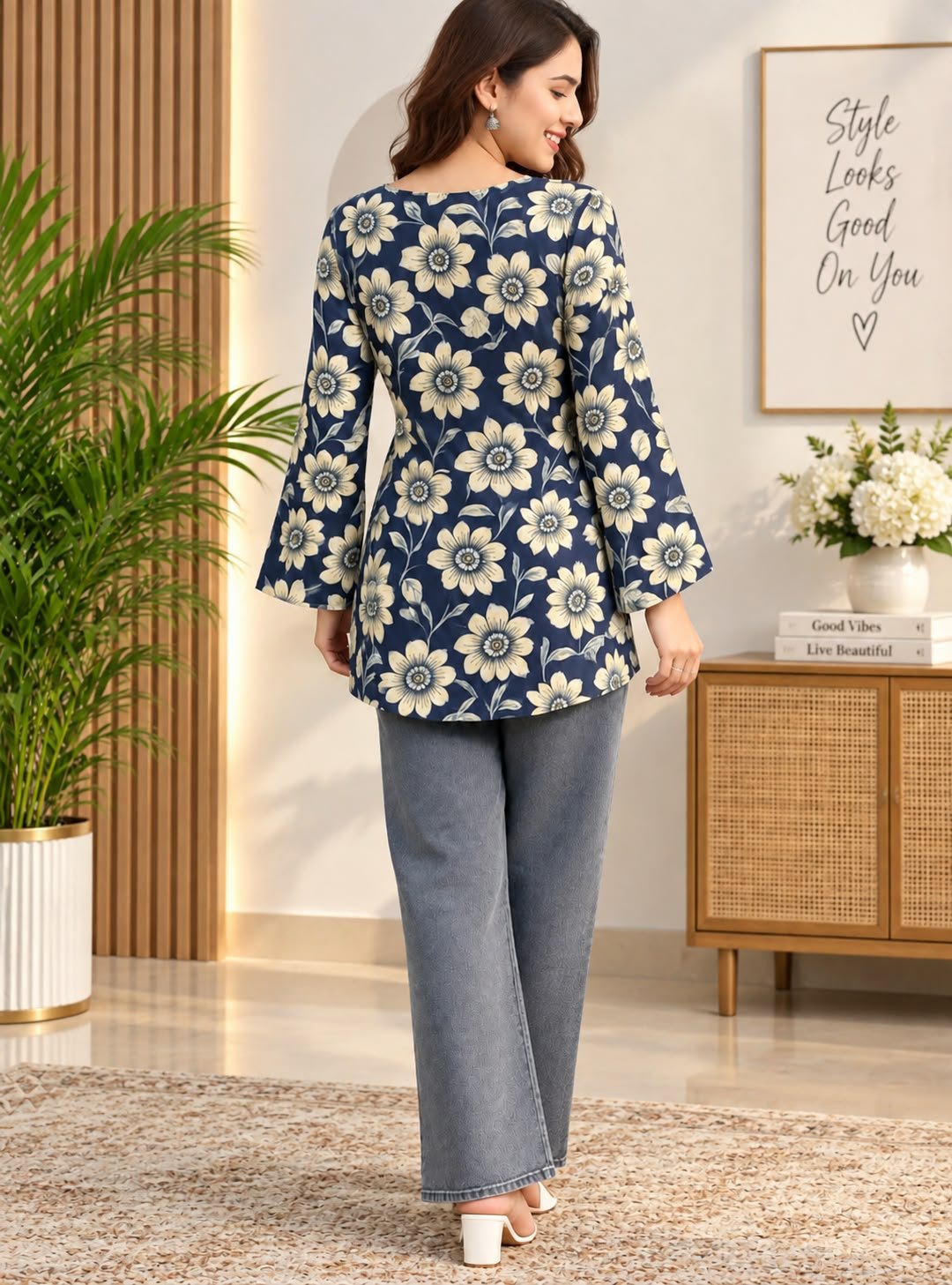 Front view of navy blue floral V-neck bell sleeve top
