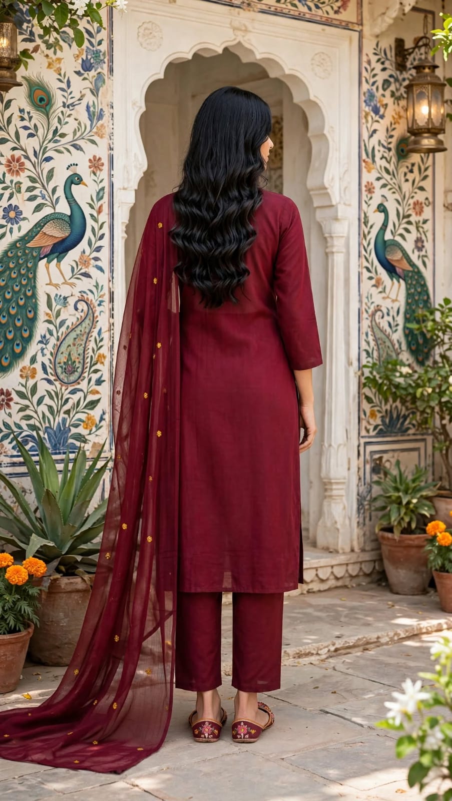 Back view of wine red straight-cut kurta set with sheer dupatta