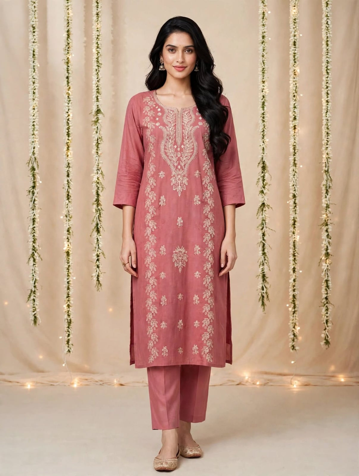 Back view of dusty rose straight-cut kurta with trousers