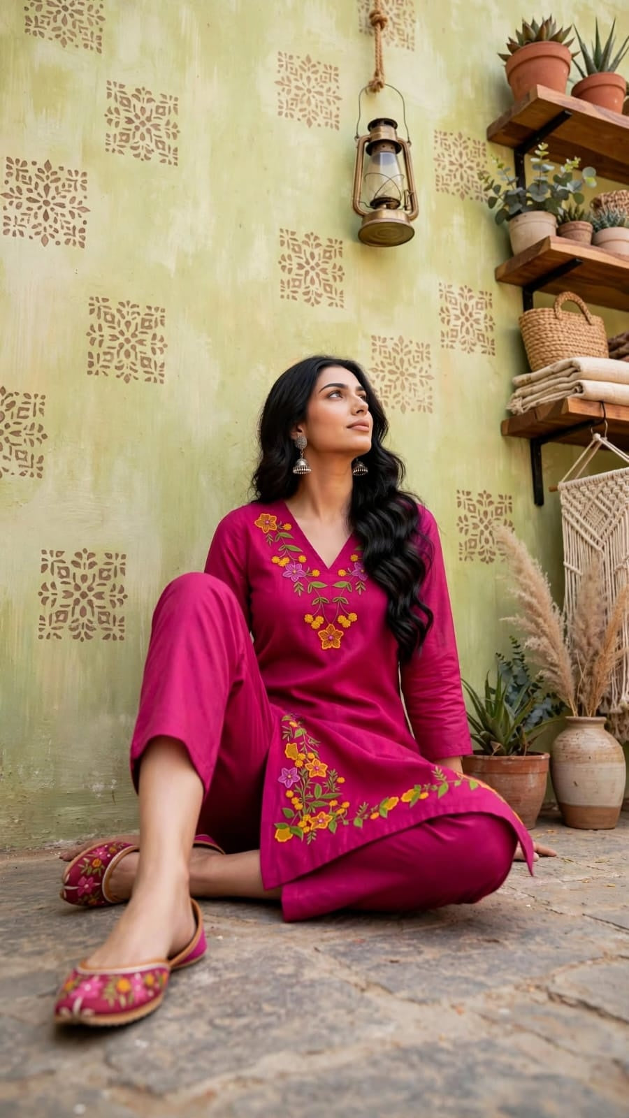 Back view of fuchsia pink straight-cut kurta and trousers
