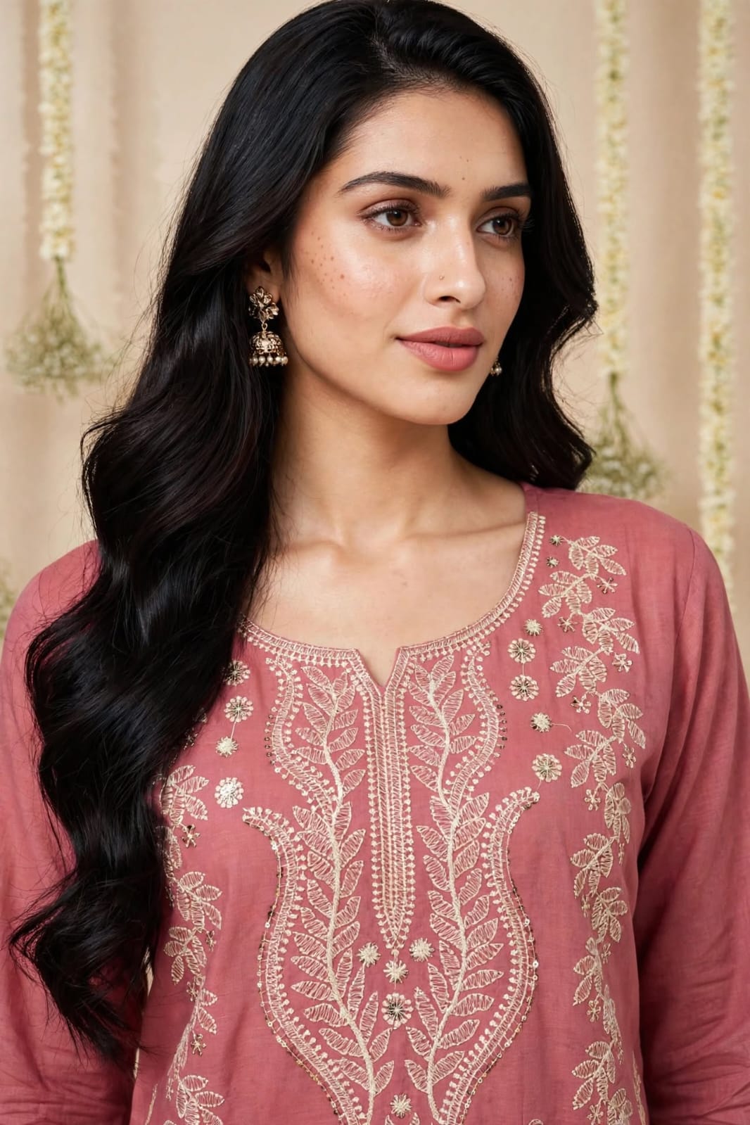 Front view of dusty rose embroidered kurta set with trousers