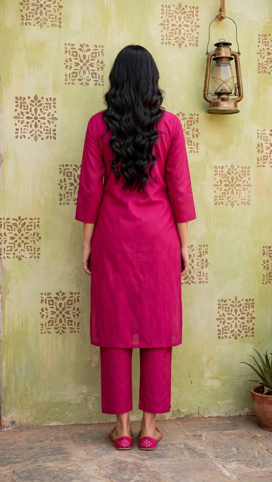 Front view of fuchsia pink floral embroidered kurta set with dupatta