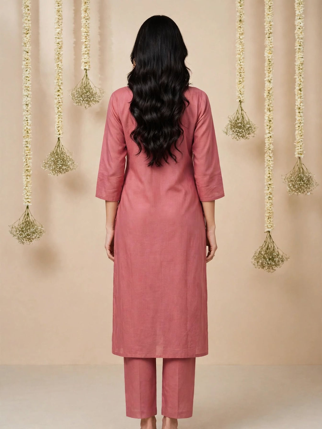Close-up of delicate embroidery on dusty rose kurta neckline