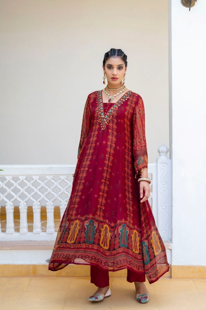 Maroon printed kurta set styled with matching dupatta