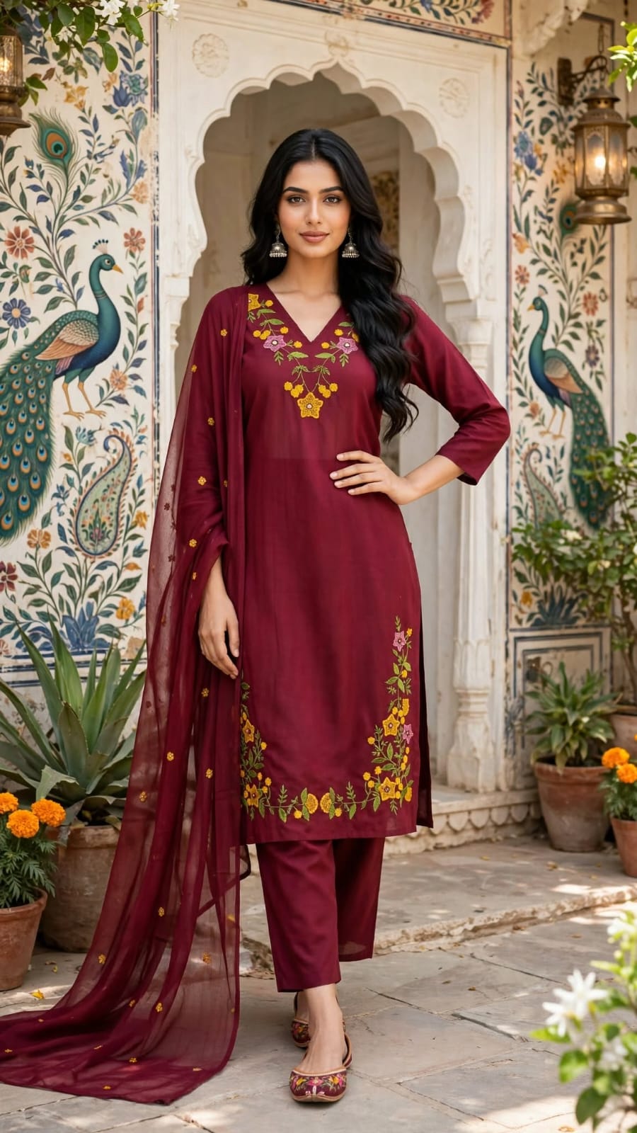Front view of wine red embroidered kurta set with trousers and dupatta