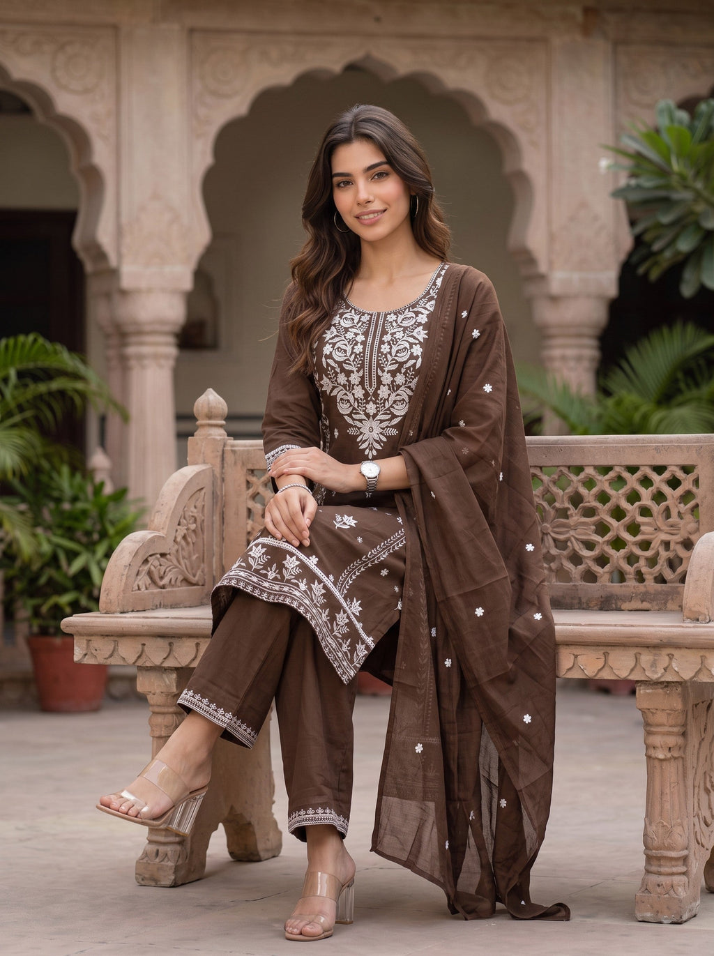 Cocoa Bloom – Brown Floral Embroidered Kurta Pant with Dupatta Set