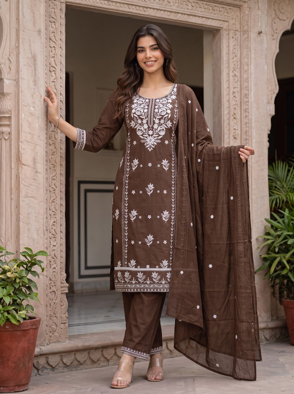 Cocoa Bloom – Brown Floral Embroidered Kurta Pant with Dupatta Set